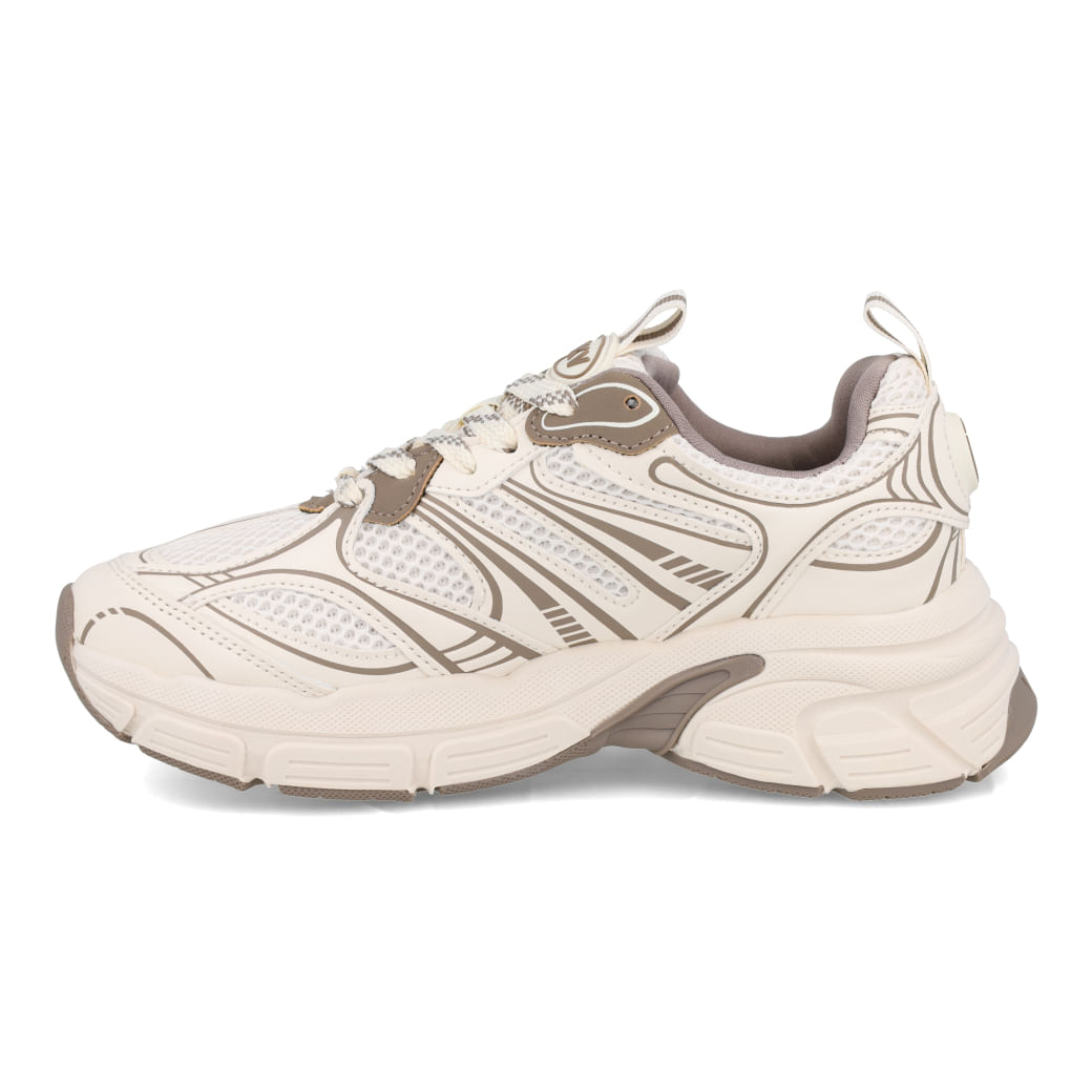 Tênis Via Marte Creme Sneaker Feminino em posição lateral mostrando mix de materiais e fechamento por cadarço